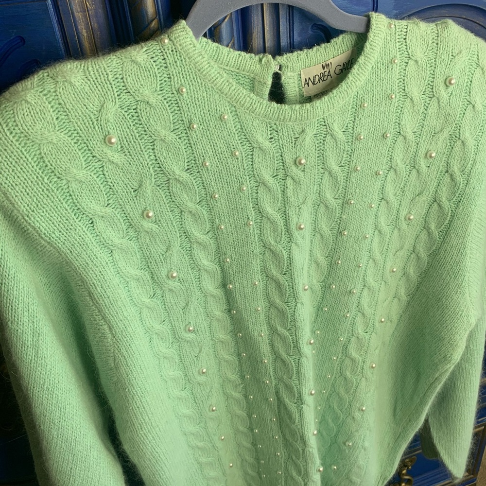 NWT! Vintage Andrea Gayle Mint Pearl Sweater Large - Picture 2 of 5